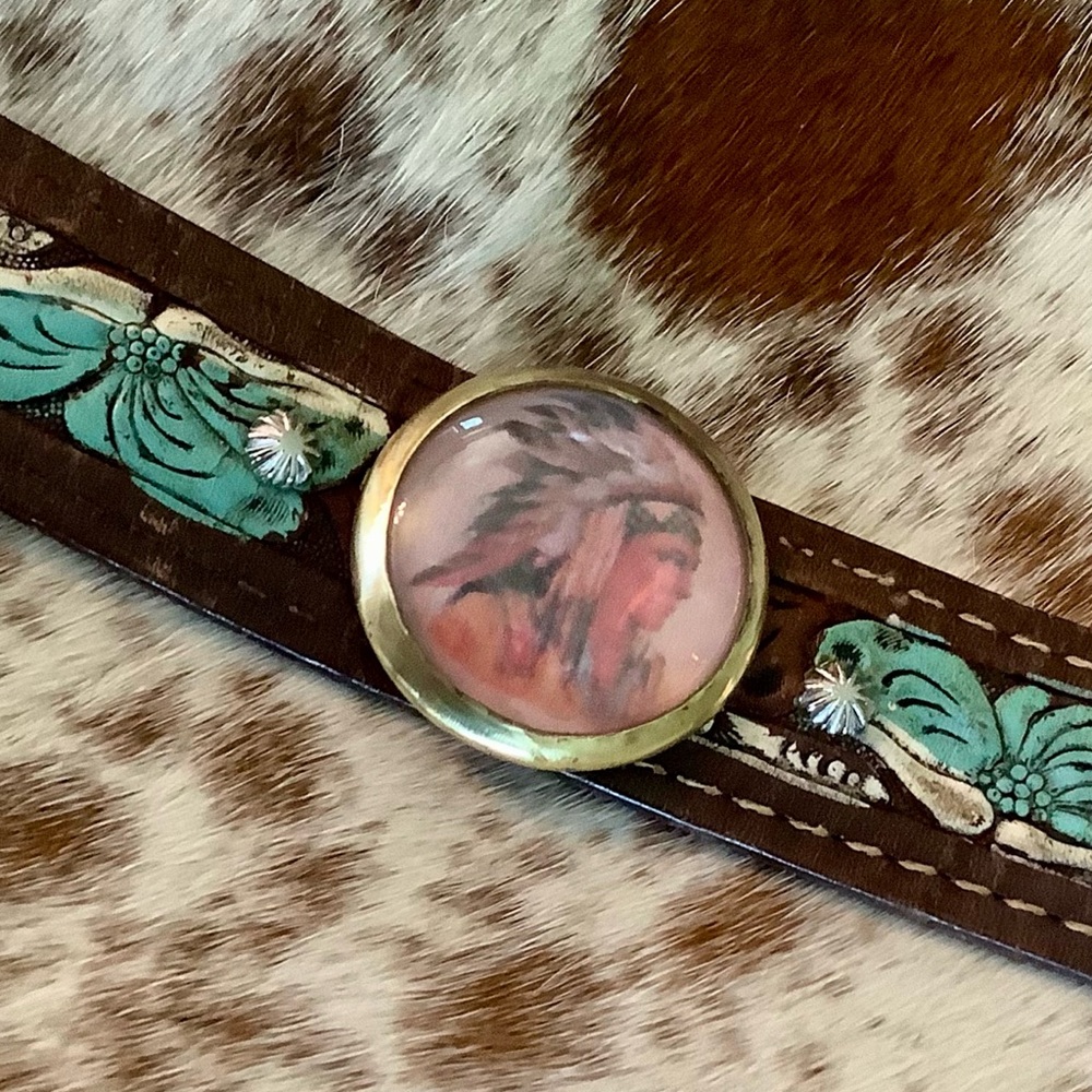 Tooled leather cuff, Indian motif, adjustable